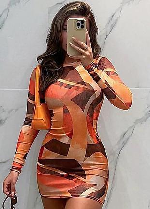 Сукня-prettylittlething orange abstract ribbed long sleeve bodycon dress