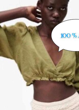 100% льон, фісташкова блуза з глибоким декольте, zara, л, 😍