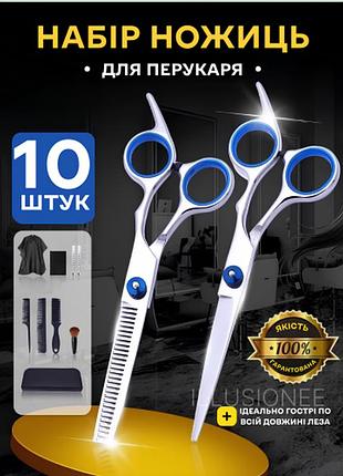 Набір 11 в 1 професійних перукарських ножиць + гребінці, затискачі, накидка, щітка в органайзері білий/син