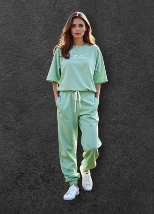 Женский летний костюм с футболкой и джоггерами спортивного стиля меланжированный льняной трикотаж легкая дышащая ткань
