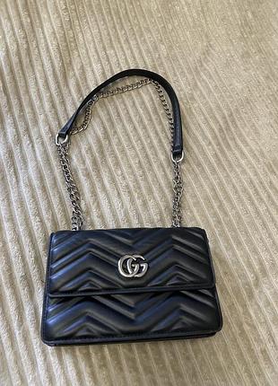 Сумка жіноча gucci чорна стьобана середня екошкіра, металева фурнітура