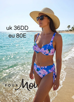 36dd, 80e купальник pour moi мягкая чашка на косточке, плавки средней/высокой посадки с подворотом, цветочный принт пейсли голубой розовый