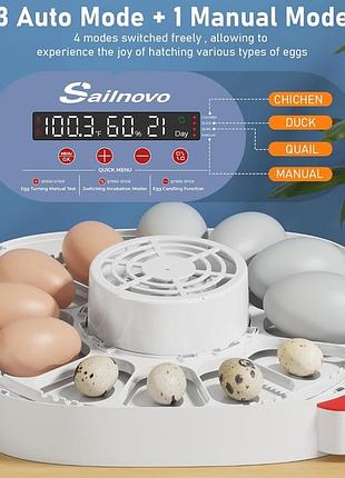 Інкубатор sailnovo 12: смарт-керування з авторежимами (кури/перепілка), датчик вологості, лічильник днів і автоповорот. професійна серія в коробці