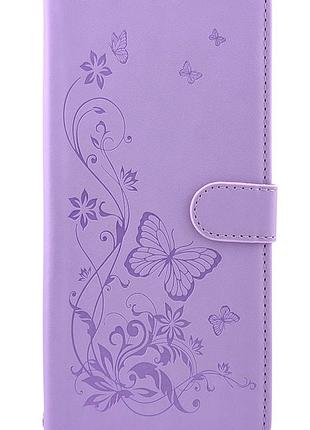 Чехол книжка leather flip для tecno spark go 2024 (bg6) на магните сиреневый принт бабочки