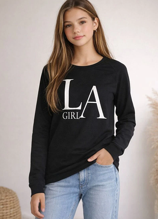 Черный реглан свитшот девочке h&m принт надпись la girl 10-12 лет 140-152 лонгслив черная толстовка батник двунитка тонкая кофта с манжетами школу