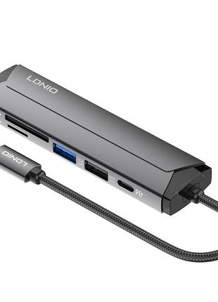 Usb hub ldnio ds-56h type-c to pd3.0*1(100w)+hdmi*1(4k@30hz)+usb2.0*1+sd+tf сiрий