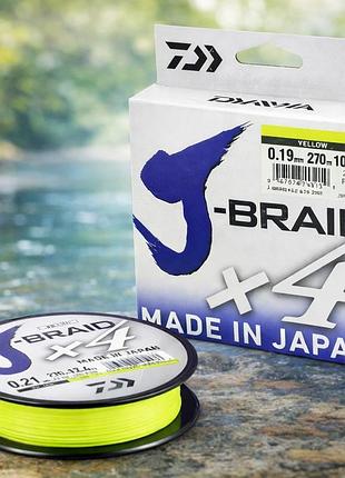 Шнур daiwa j-braid x4e 0.19mm 135 м yellow 10.2kg #2.0 - плетеный шнур 4-жильный, прочный рыболовный шнур для спиннинга