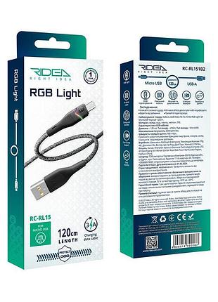 Кабель usb ridea rc-rl15 rgb light microusb 3a 1.2m черный