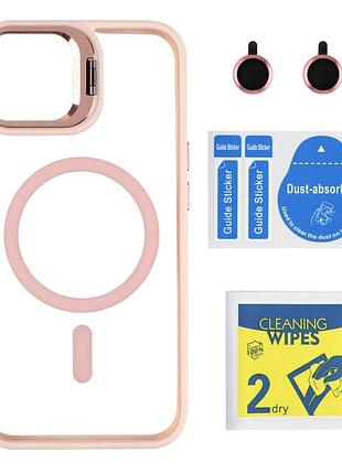 Чохол tpu+pc+metal stand case with magsafe and camera lenses для iphone 14 pink