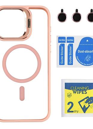 Чохол tpu+pc+metal stand case with magsafe and camera lenses для iphone 15 pro max pink