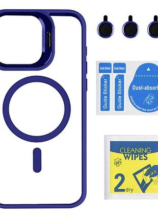 Чохол tpu+pc+metal stand case with magsafe and camera lenses для iphone 15 pro max dark blue