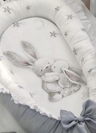 🐇білий кокон для немовляти, дитячий сірий кокон із зайчиками, кокон для новонародженого малюка з бантиком🐇