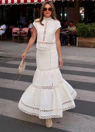 Бавовняний костюм кроше бохо zara з вишивкою етно топ і спідниця максі