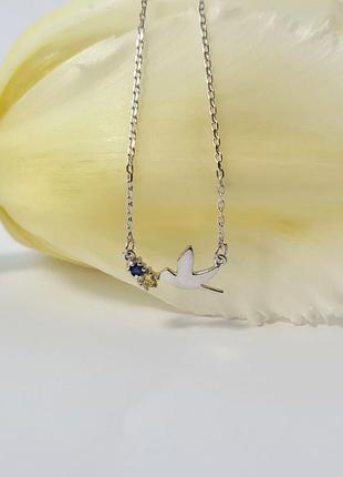 Серебряное колье птичка с желтым и синим камнями 40 - 45 см серебро 925 пробы родированное вс335рсж 1.98г