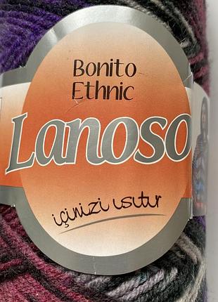 Турецкая пряжа lanoso bonito ethnic, фиолетово-розово-серо-черный меланж, меринос/акрил, набор 3 мтки