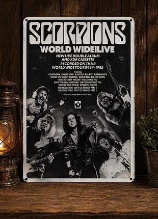 Металлическая винтажная табличка scorpions world wide live (скорпионс) 14х20 см