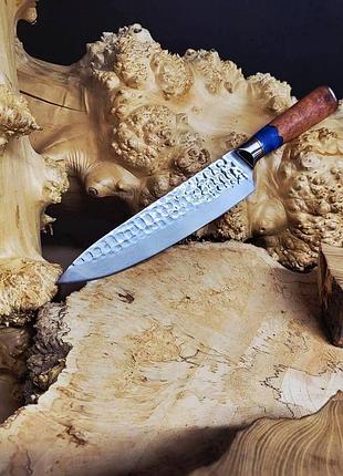 Шеф-ніж кухонний 21 см кований (hammer finish) колодка дерево й блакитна смола