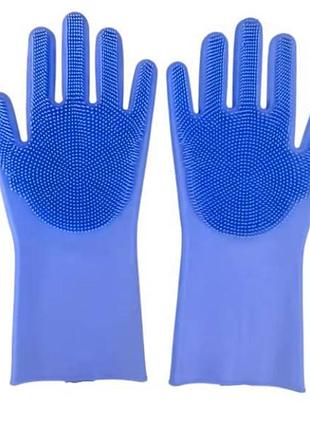 Силиконовые перчатки для мытья и чистки magic silicone gloves с ворсом синие top shop ua_