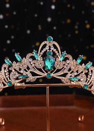 Корона принцессы рапунцель для девочки, золотистая с зелеными камнями