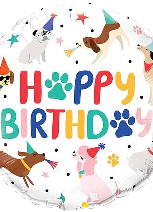Фольгированный шар happy birthday песики на білому 18" 45см