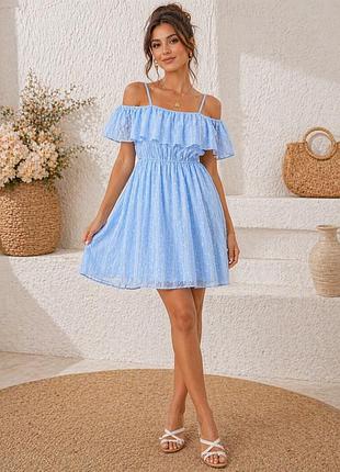 Shein жіноча ніжна блакитна сукня, милий сарафан на резинці, шифонове  плаття з рюшами, розмір xs
