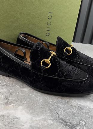 Gucci jordaan horsebit loafers gg monogram black velour мужские туфли лоферы велюр оригинал 42 eur