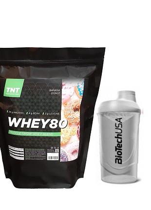 Whey protein сывороточный 80% белка ( 2 кг ) вкус : банановый пончик + шейкер 600 мл. tm tnt