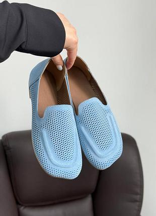 Женские лоферы barefoot анатомические голубые с перфорацией натуральная замша, балетки 11885
