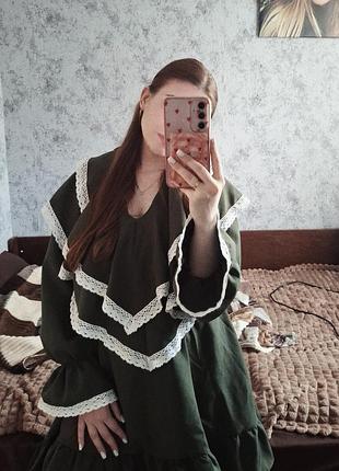 Женское романтичное платье с длинным рукавом костюмка + кружево,цвет хаки