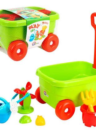 Гр набір для гри з піском 1409 (2) "technok toys", візочок, граблі, лопатка, млин, лійка, 2 форми, в сітці