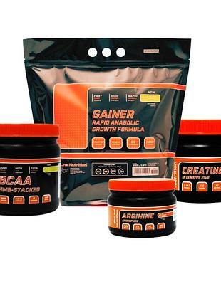 Bioline nutrition xl набор для массы (гейнер 3кг + креатин 150капс + bcaa 0.5кг + аргинин 0.2кг) 3.8 кг - комплекс для мышц - вкус лісова ягода