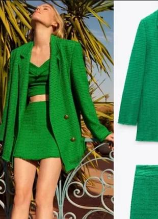Невероятно крутящий зеленый твидовый стильный оверсайз жакет пиджак zara