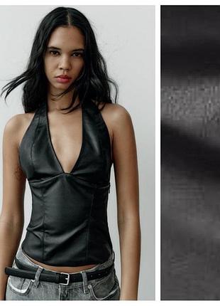 Кожаный топ zara с открытой спиной и петлей халтер, размер uk 12 (l)