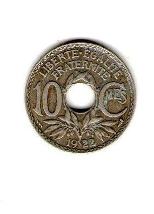 Франция 10 сантимов, 1922 год медно-никелевый сплав, 4g, ø 21.3mm no1923