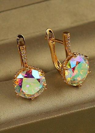 Сережки xuping jewelry з великим каменем хамелеон шестигранна оправа 2 см золотисті
