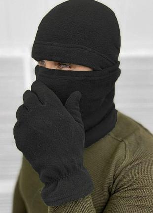 Комплект флисовый из шапки, баффа и перчаток тактический для армии зсу черного цвета