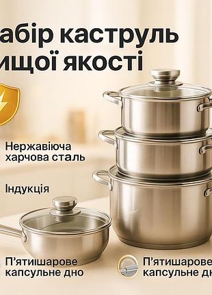 Набор кастрюль с антипригарным дном unique, набор высоких кастрюль с комплектом крышек iu-82