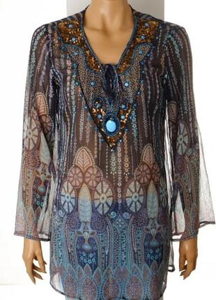 Пляжная туника xxl 2xl 3xl 44-46 52-54 блузка с длинными рукавами, декорированная вышивкой и бисером в области декольте блуза пояж прозора прозрачная