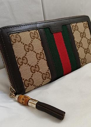Женский кошелек сумка gucci rania zip around wallet (gg supreme &amp; bamboo)