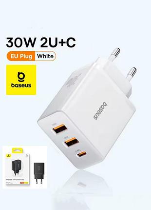 Сетевое зарядное устройство baseus 30w 2 usb + type c, швидка зарядка базаус 30в 30 ватт