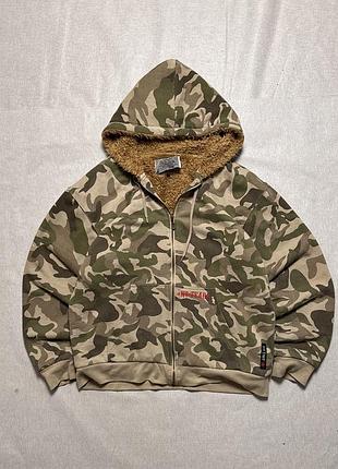 Vintage japanese no fear camo sherpa-lined full zip hoodie