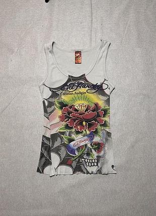 Ed hardy by christian audigier vintage ribbed tank top with skull & flower tattoo print