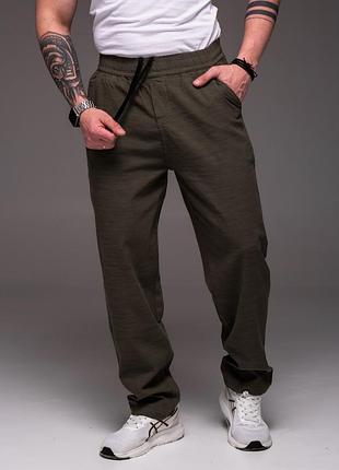 Мужские брюки из льна хаки на резинке батал