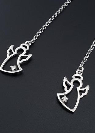 Серебряные длинные висячие серьги ангел на цепочке. сережки висюльки цепочки серебро 925