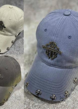 Джинсовая кепка chrome hearts рваная, брендовая бейсболка chrome hearts джинс, кепка хром хартс, рванная кепка