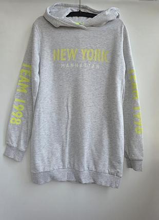 Стильне світло-сіре плаття-худі дівчинці h&amp;m з неоновим принтом new yor меланж з капюшоном подовжений світшот худі спортивне плаття толстовка