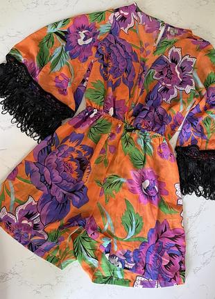 Ромпер платье asos s, xs, комбинезон летний, пляжный, просрачный, с бахромой, цветочный принт
