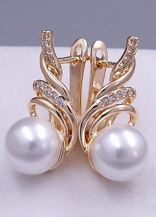 Сережки з перлинами, медзолото xuping jewelry 18k. 2,4 см.