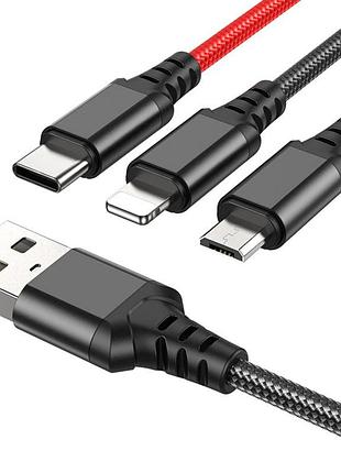 Кабель hoco x76 usb - ip+type-c+micro 2a, 1m, нейлон, алюмінієві конектори, колір чорний+red+blue 6931474768636