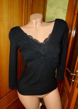 Черная женская футболка zara s с кружевом рукав 3/4 коттоновая лонгслив